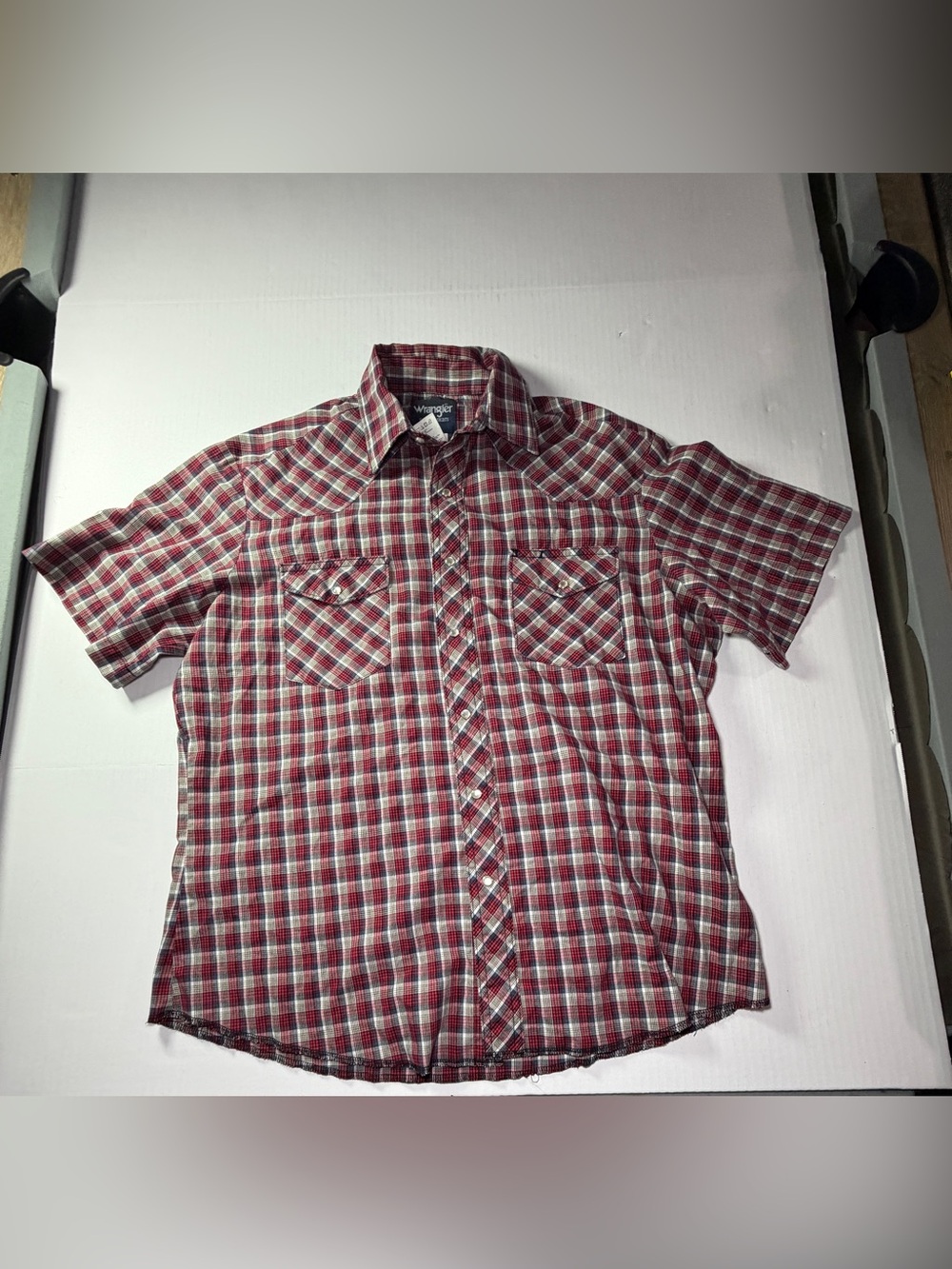 Wrangler Western Pearl Snap Shirt Mens Large Red Plaid Short Sleeve Cowboy